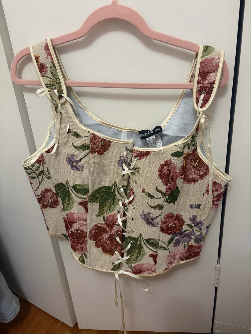 Floral Lace-Up Corset Crop Top - Cream with Rose Print (fits between 12-14)